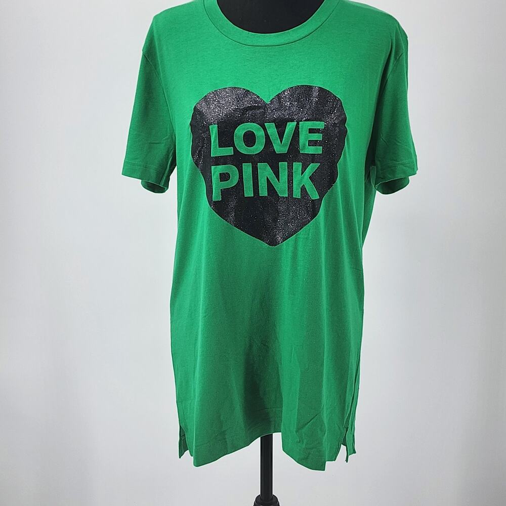 PINK by VS Green T-shirt Black LOVE PINK Heart Logo on Front Women's Sz Small